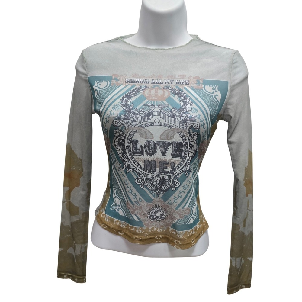 Women Love Me Graphic Mesh Long Sleeve Top Sage Green Y2K Grunge XS 2 - Picture 2 of 10